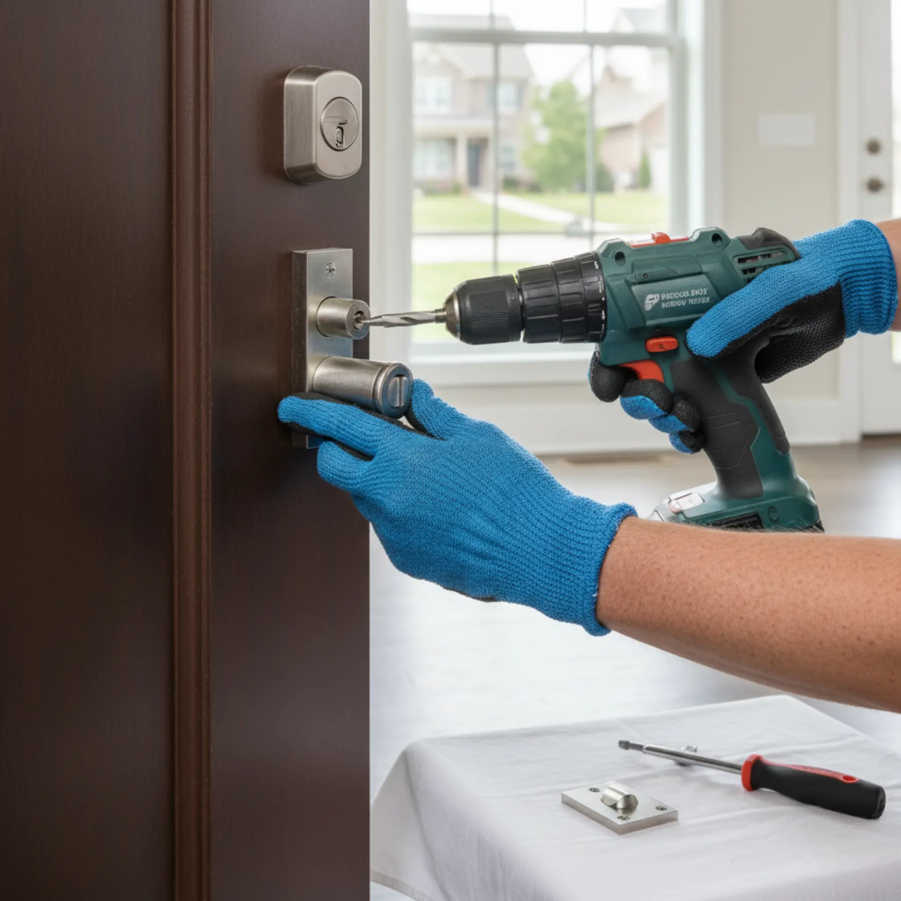 A locksmith's gloved hands using a power drill to meticulously install a new lock, demonstrating additional residential lock installation services for enhanced home security.