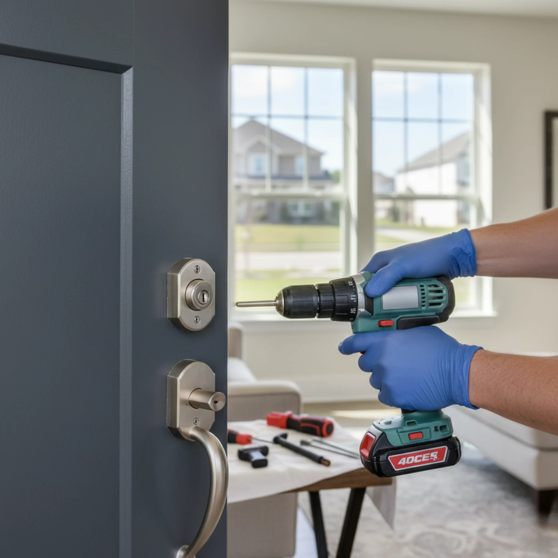 A technician's gloved hands using a power drill to install a new lock on a residential door, showcasing our expert residential lock installation services.