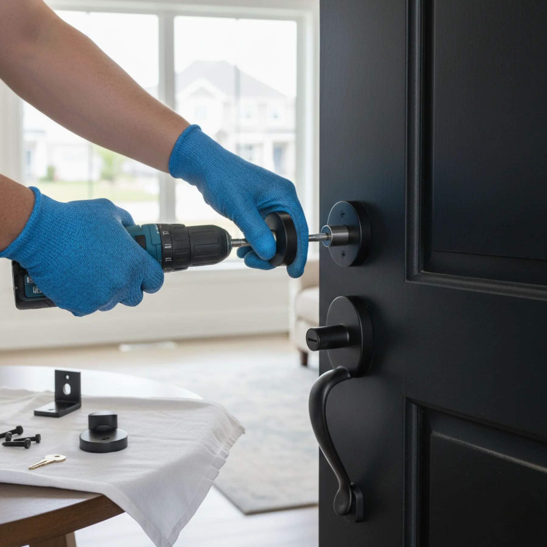 A locksmith's gloved hands using a power drill to carefully install a new black door lock on a residential door, showcasing the process of installing a lock.