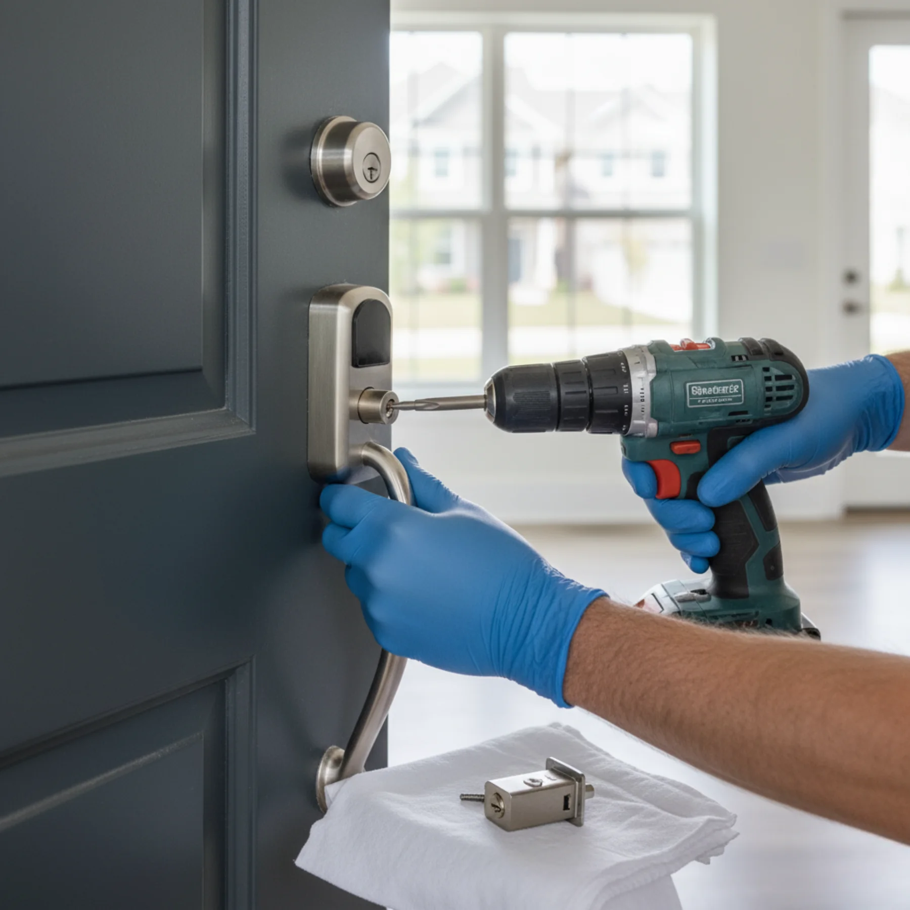 A professional locksmith in blue gloves uses a power drill to meticulously replace a home's door lock, highlighting our expert service for replacing your home locks.
